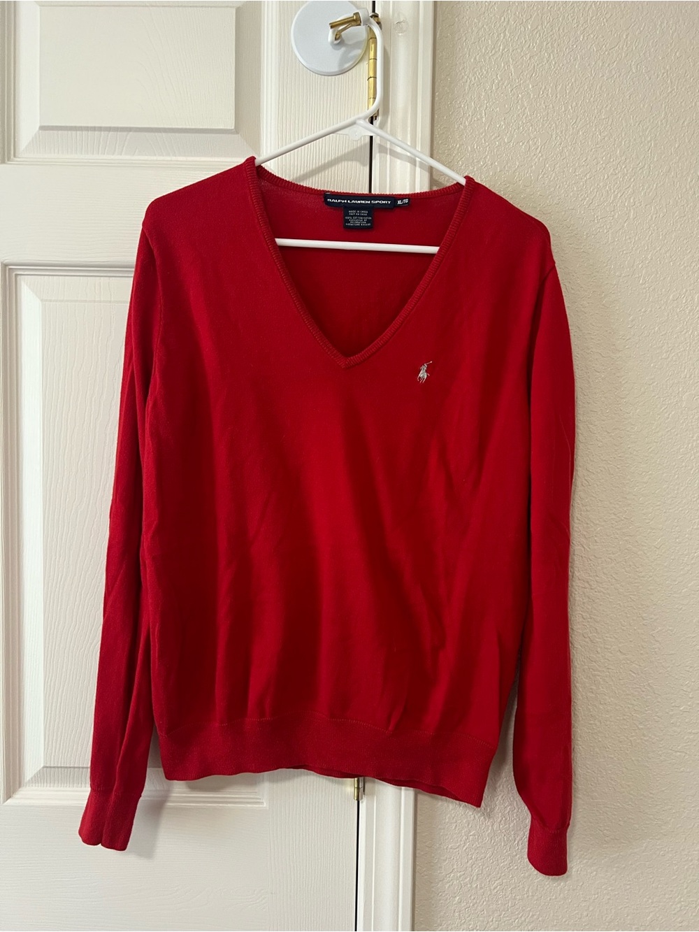 Ralph Lauren Sport Red V-Neck Cotton Sweater Embroidered Pony Logo Women’s XL